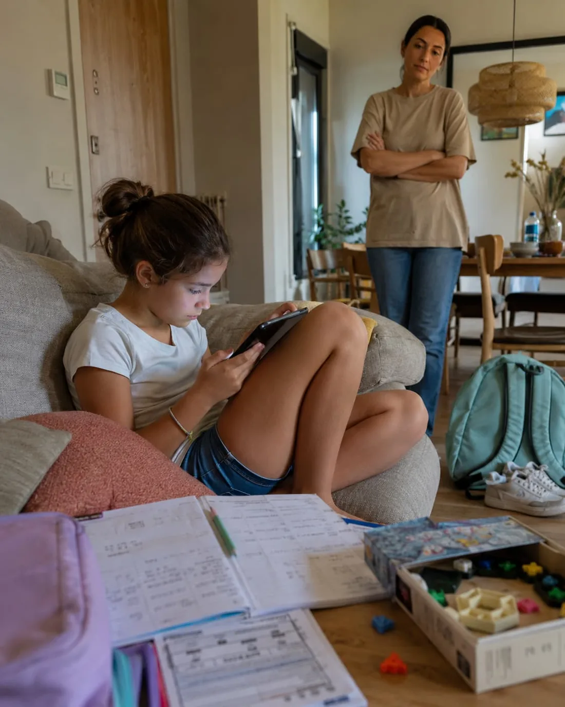 Una madre, de brazos cruzados, mira a su hija que sigue con la tablet en el sofá entre los deberes